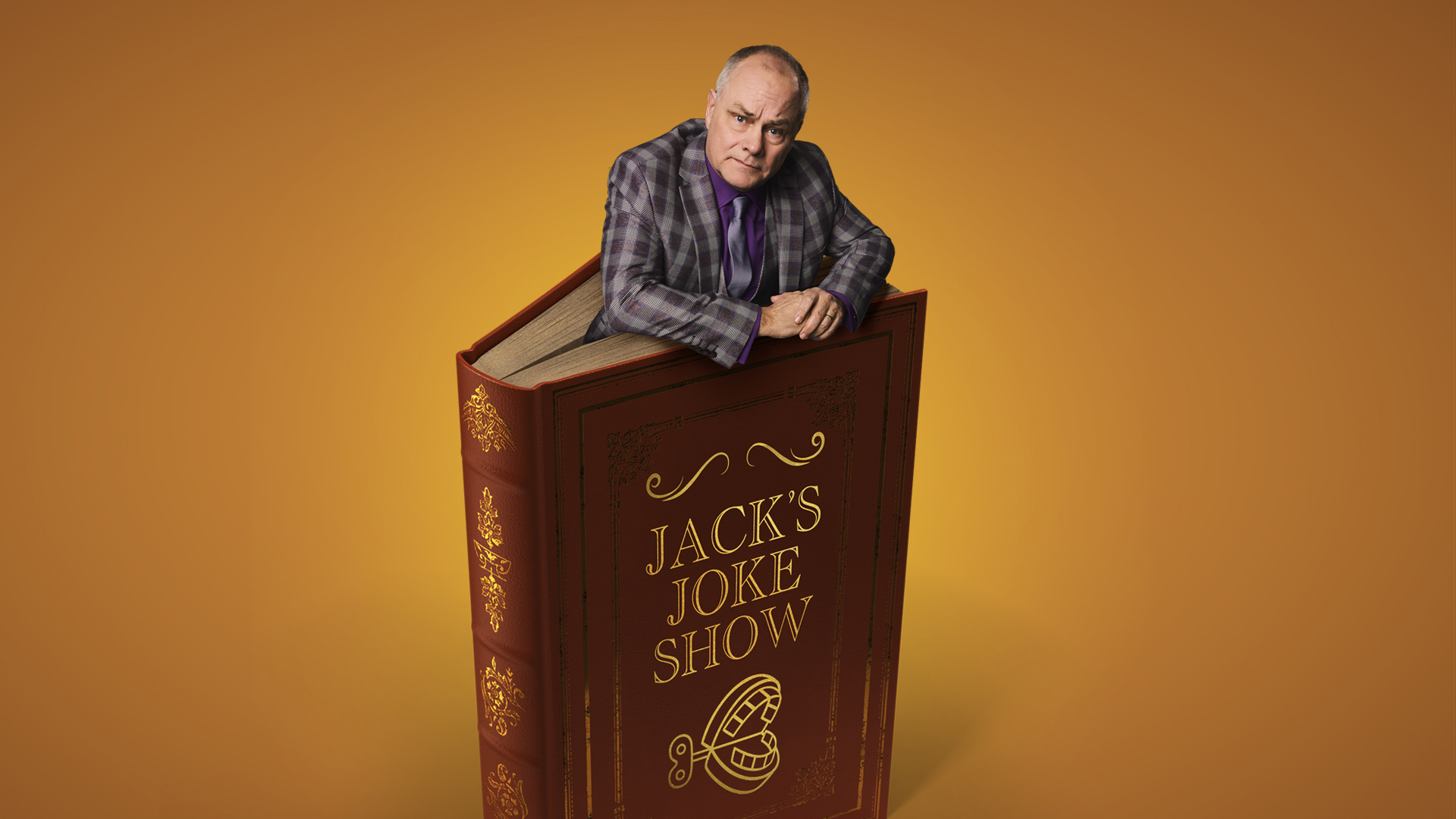 Jack Dee artwork. A photo of Jack Dee sitting on the inside of an ornate book. Text reads: Jack's Joke Show.