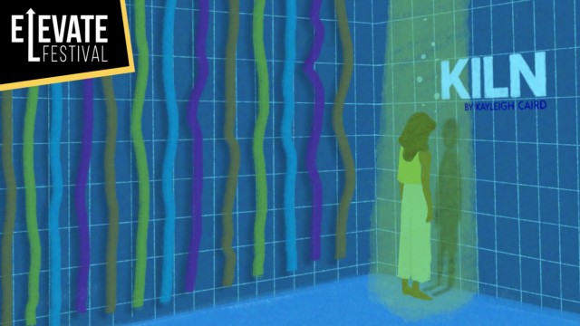 Kiln Artwork: An illustration of a the bottom of a swimming pool with a person standing at the bottom of the pool with a spotlight on them. Text reads: KILN By Kayleigh Caird