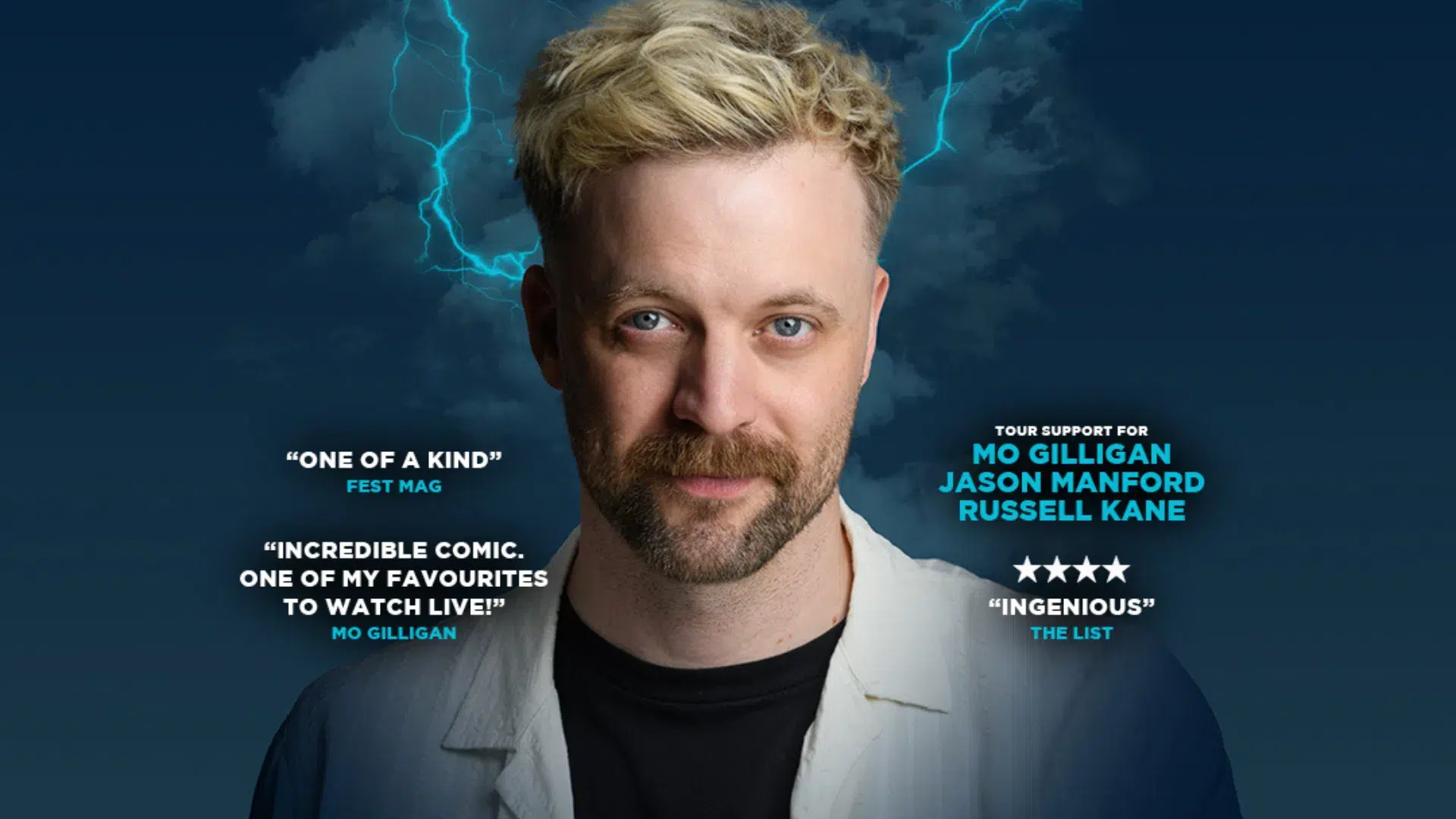 An image of Thomas Green in front of a dark background with blue lightning striking in the background. Reviews over the image say: 